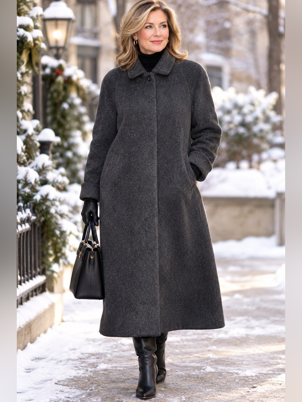 Vintage Anne Klein Wool Mohair Blend Coat Charcoal Gray Hidden Button Midi 10P